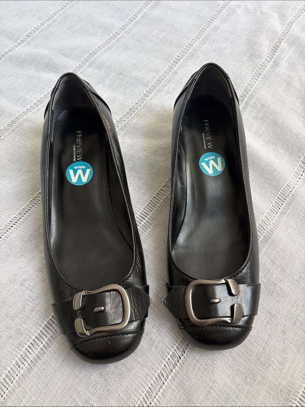 Preview International Y2k black leather wide-fit low wedges